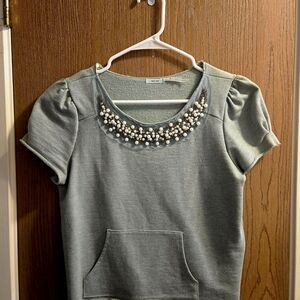 Anthropologie Kimchi Blue Gray Embellished Puff Sleeve Blouse